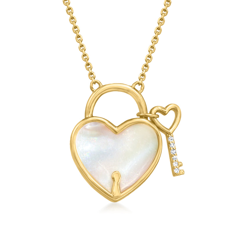 18kt gold heart lock and key necklace with mother-of-pearl heart and diamond accents