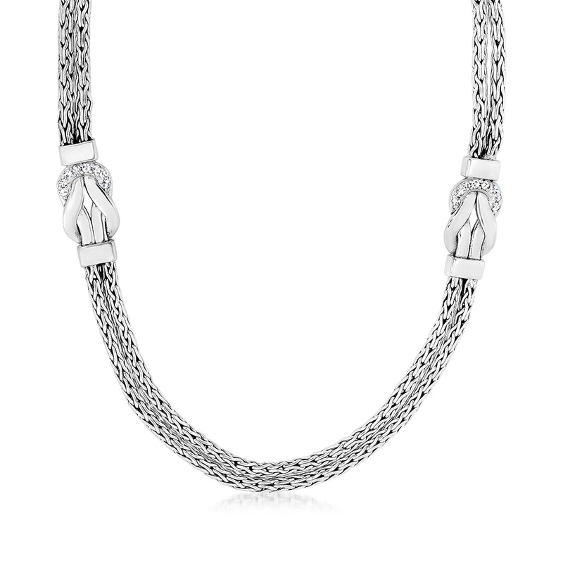 Sterling silver necklace with woven chain and Hercules knot stations, white sapphire accents