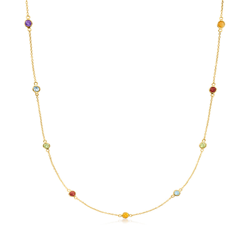 14kt yellow gold station necklace with multicolor round gemstones along thin chain
