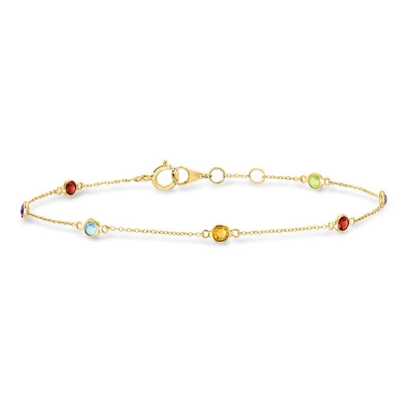 14kt yellow gold multi-gem station bracelet with round colorful stones and clasp