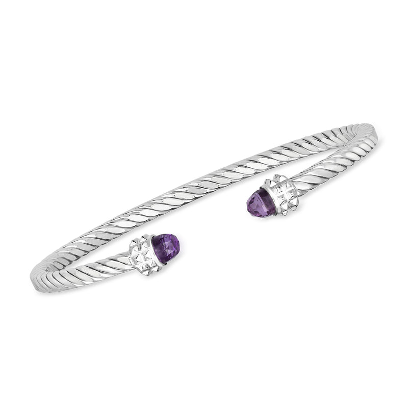 Sterling silver cable cuff bracelet with purple amethyst and clear accent stones