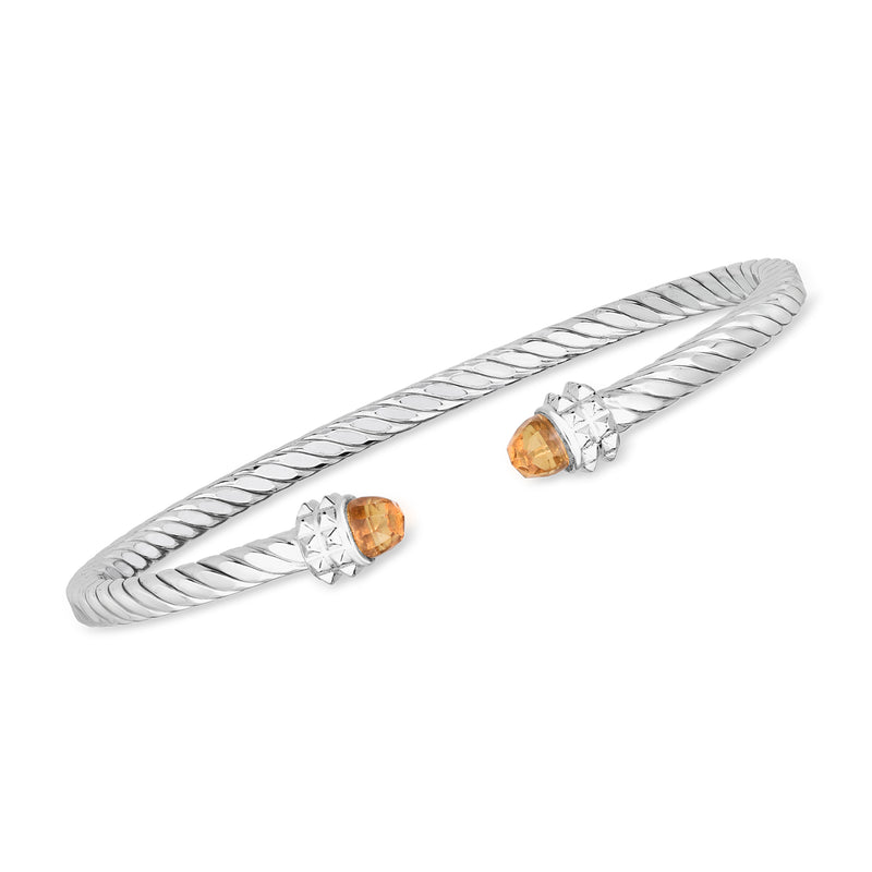 Sterling silver cable cuff bracelet with citrine oval stones and clear accents