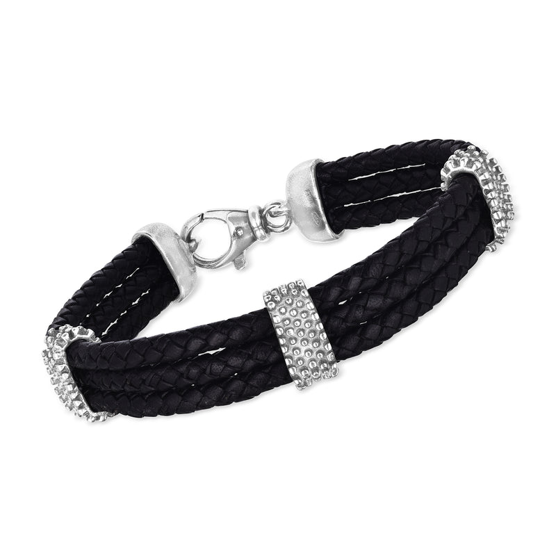 Men's black braided leather station bracelet with sterling silver clasp and center bar