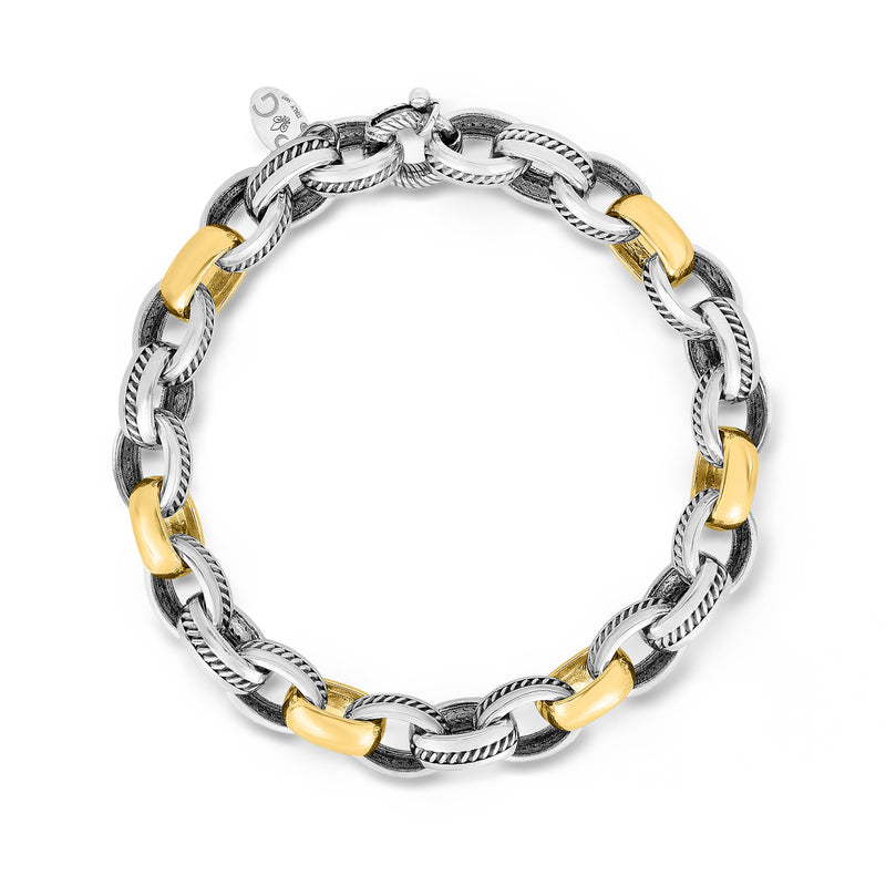 Sterling silver rolo-link bracelet with yellow gold oval links