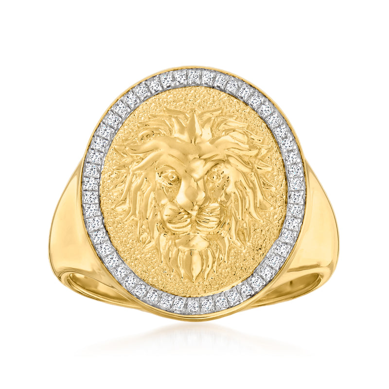 18kt gold lion head signet ring with diamond halo border