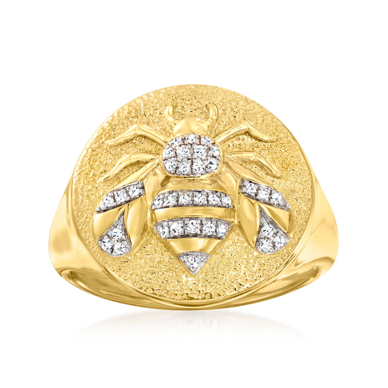 Gold bee signet ring with diamond accents on oval top