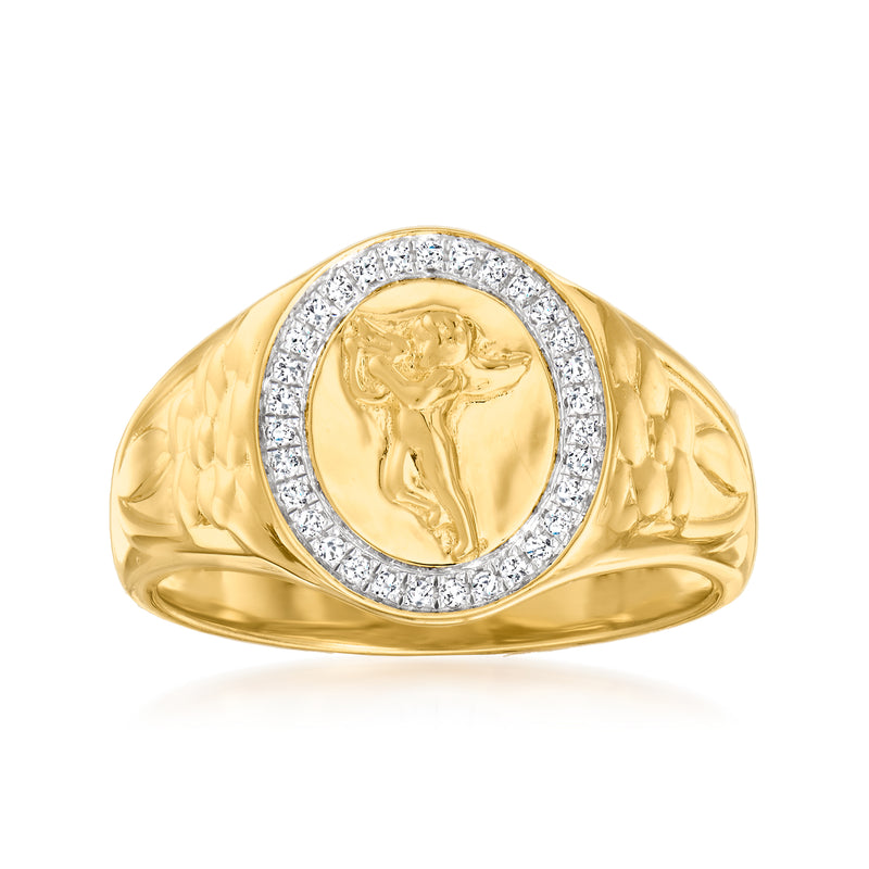 Gold angel signet ring with round diamond halo and textured band