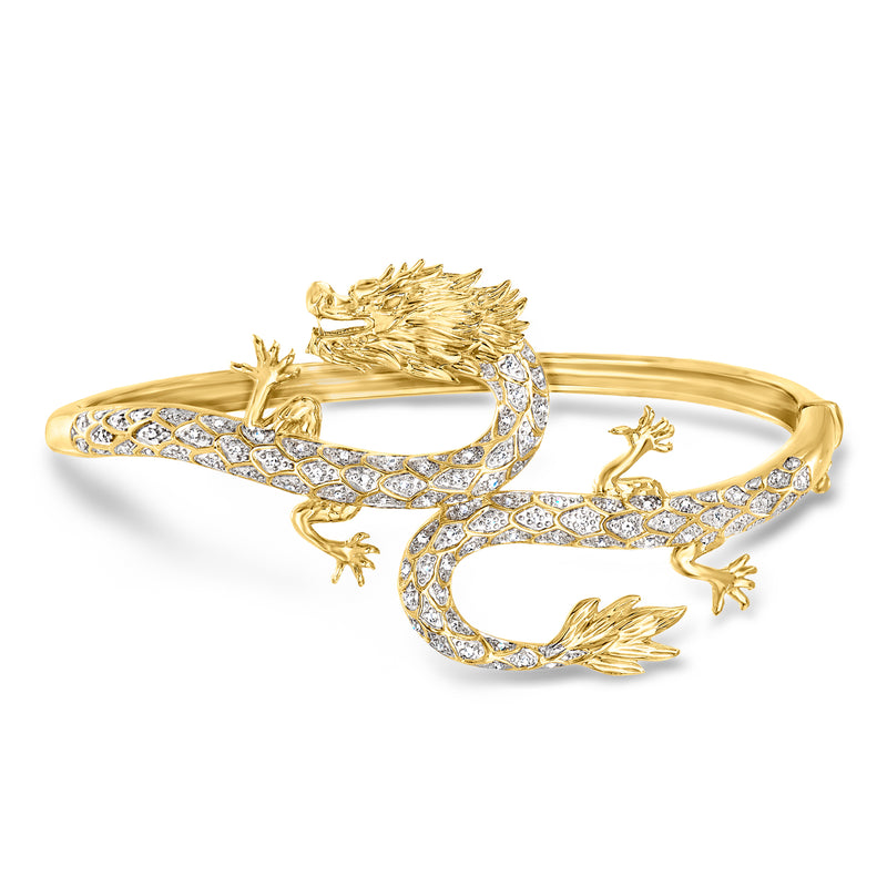 Diamond dragon bangle bracelet in 18kt gold over sterling with pave-set stones