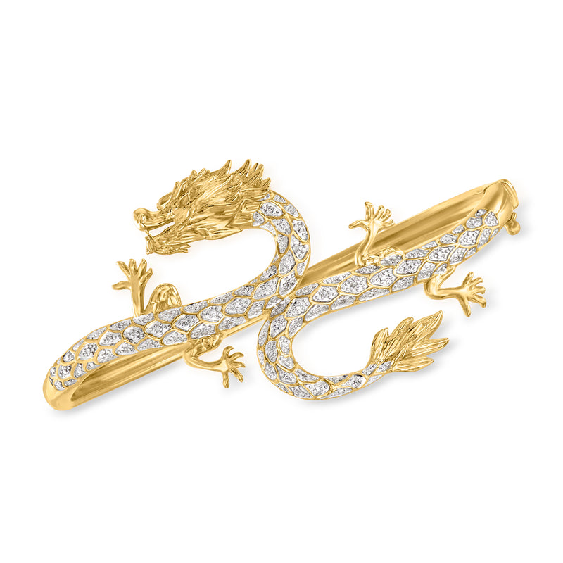 Diamond dragon bangle bracelet in gold over sterling, open cuff design