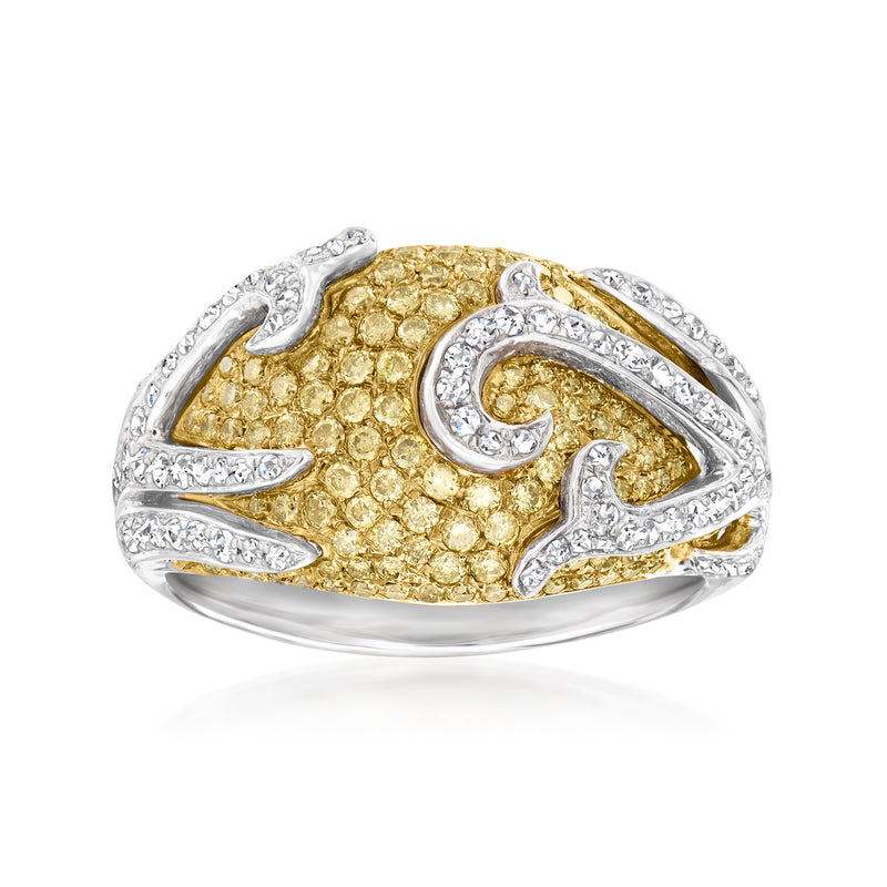 Yellow and white diamond pavé swirled dome ring in white gold