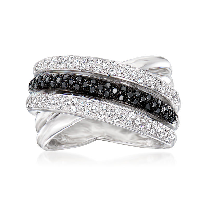 White gold diamond highway ring with black and clear pave stones, 3-row band