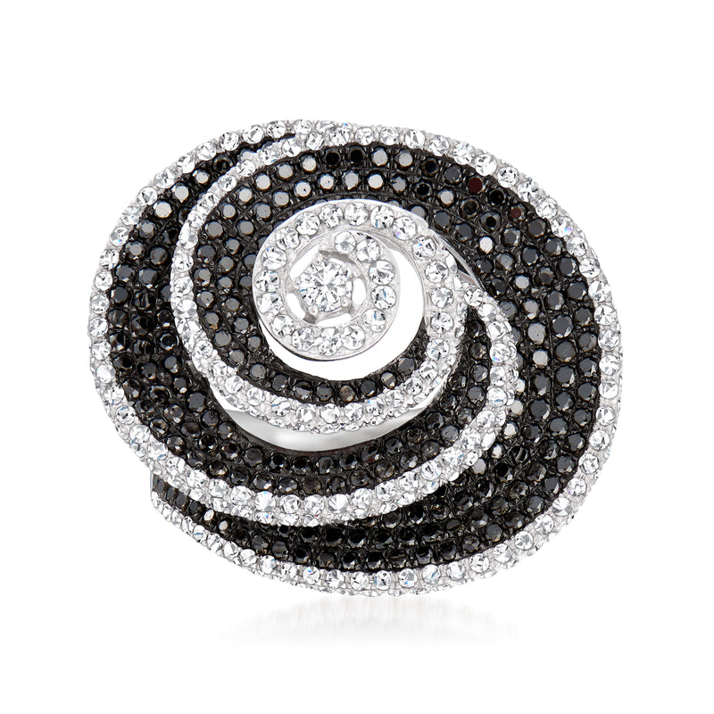 Spiral gemstone ring with black and white stones in 14kt white gold