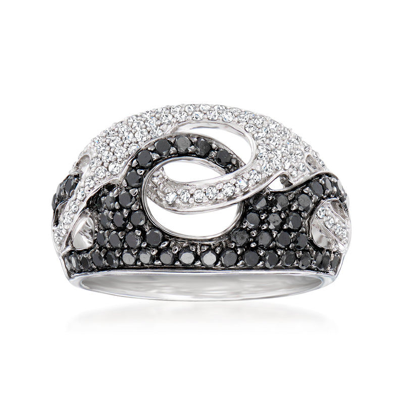 14kt white gold interlocking ring with white diamond pave and black diamond pave