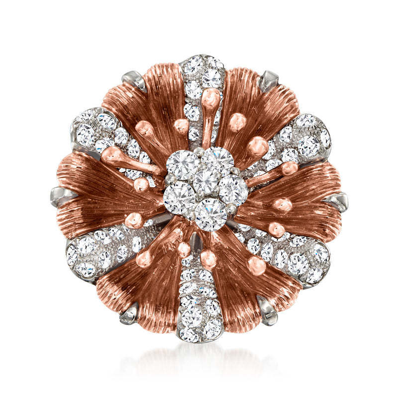 Two-tone gold diamond floral cluster ring, round center stone with halo accents