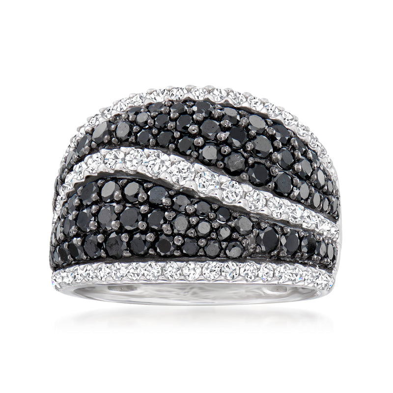 Black and white diamond pave stripe ring in white gold, wide band with alternating rows