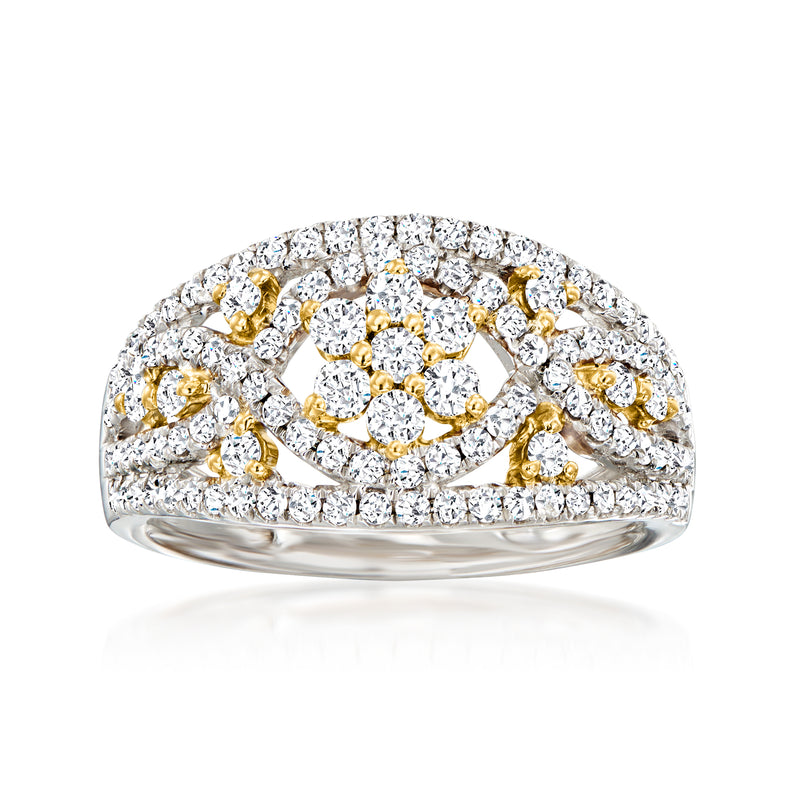 Two-tone gold diamond floral openwork ring with round-cut stones