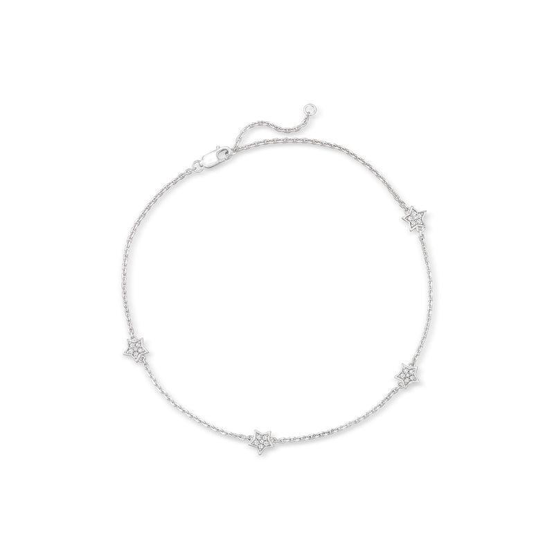 Sterling silver pave diamond star station anklet with three dangling star charms