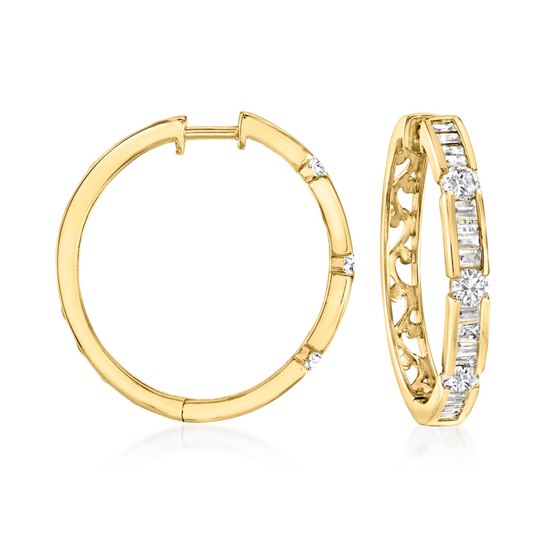 Gold hoop earrings with baguette and round-cut diamonds, hinged clasp