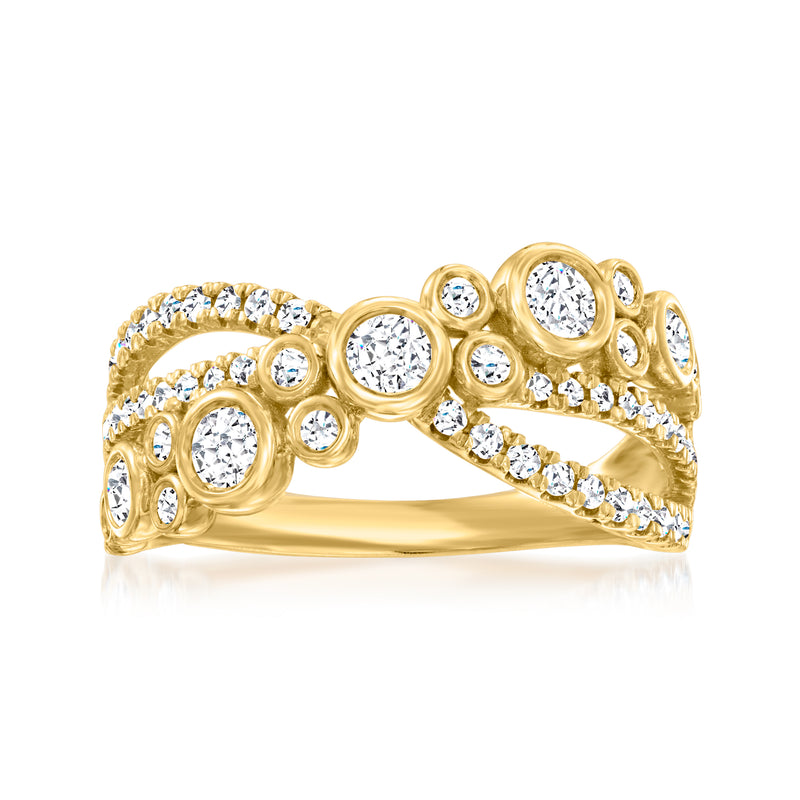 14kt yellow gold diamond highway ring, bezel-set round stones