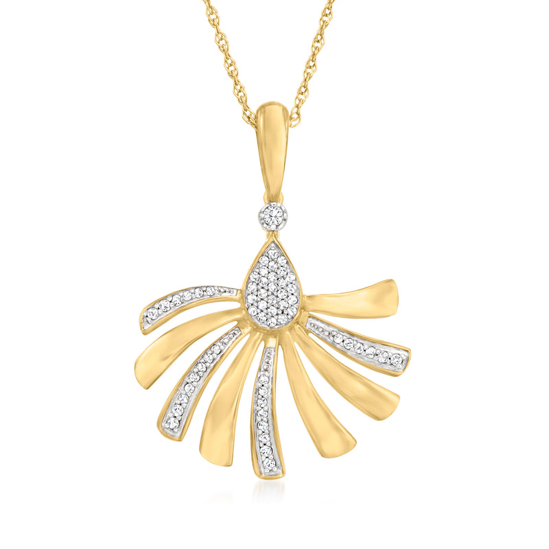 18kt gold over sterling fan pendant necklace with round diamond center and radiating stones