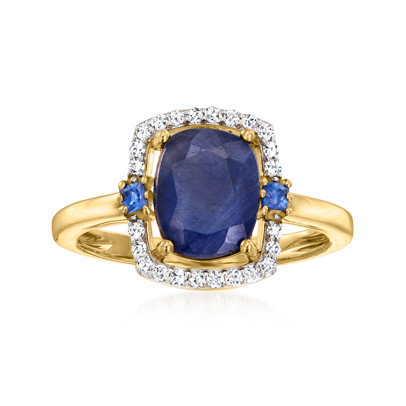 14k yellow gold ring with oval blue sapphire, diamond halo, and blue side stones