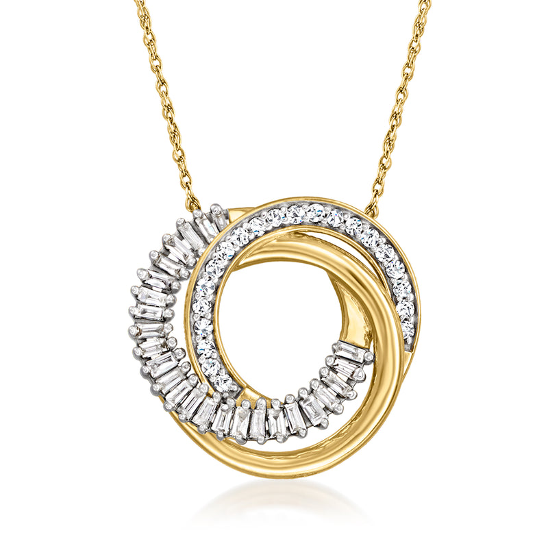 14kt yellow gold love knot diamond necklace with baguette and round stones