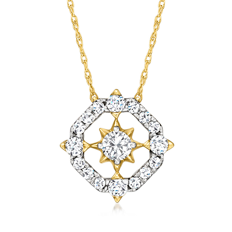 14kt yellow gold diamond compass pendant necklace with round diamond border and star center