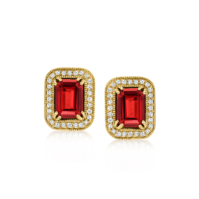 14kt yellow gold square frame garnet and diamond stud earrings with post backs