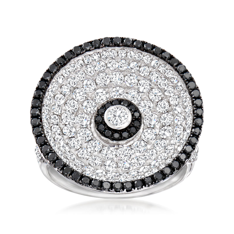 Black and white diamond bullseye ring with black pave border and white center, 18kt white gold