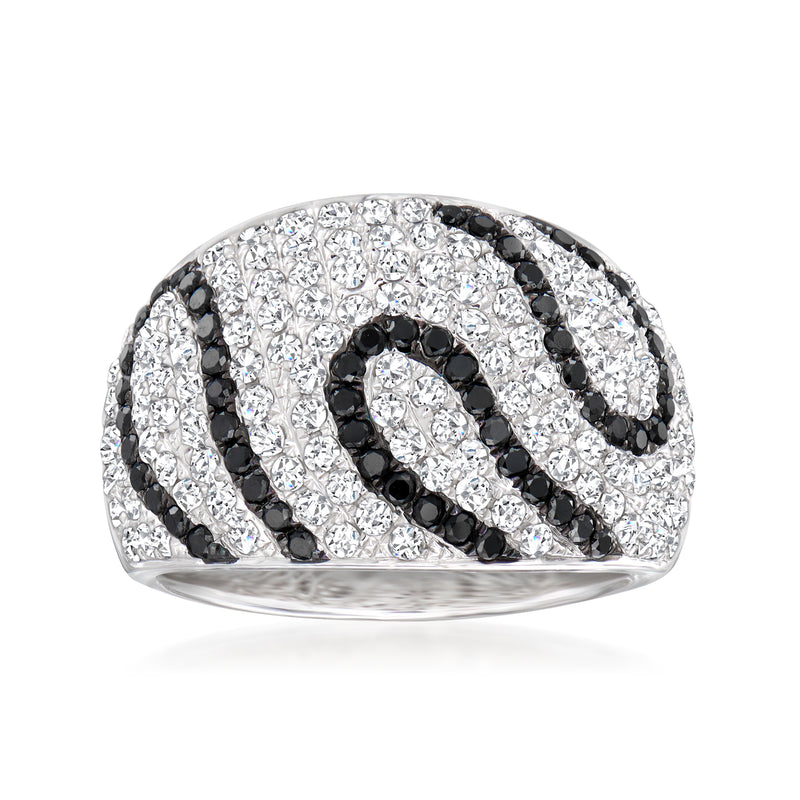 White gold dome ring with black and white diamond pave swirl design, polished finish