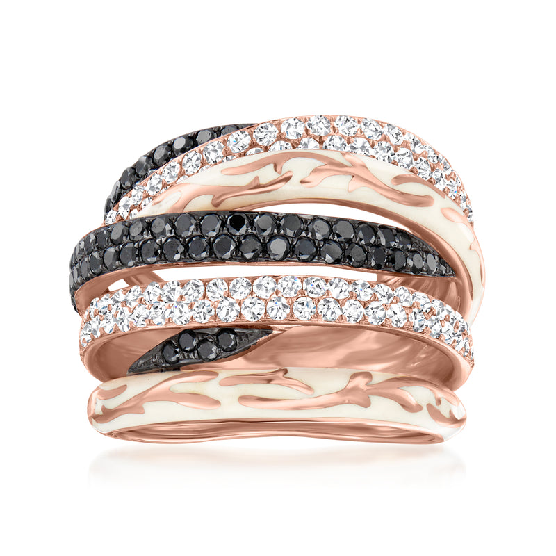 Rose gold diamond highway ring with black and white stones and wave enamel design
