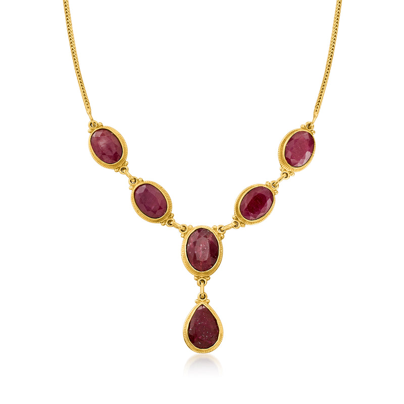 18kt gold over sterling ruby Y-necklace with oval red gemstone drops and bezel settings