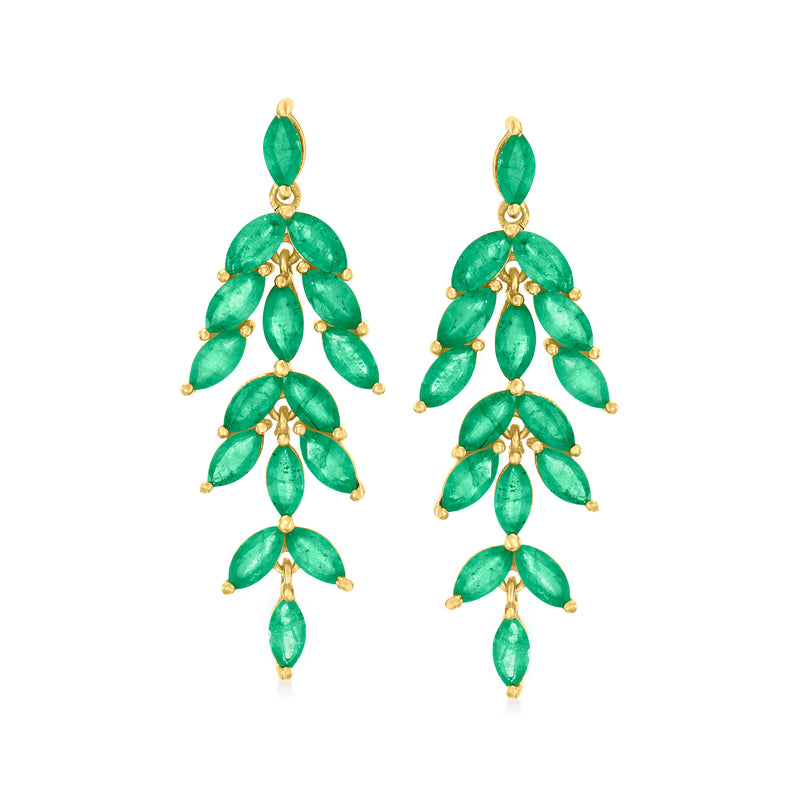 Chandelier drop earrings with emerald-green teardrop stones and gold settings
