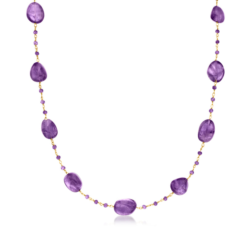 Amethyst bead station necklace with oval purple stones and gold bead links