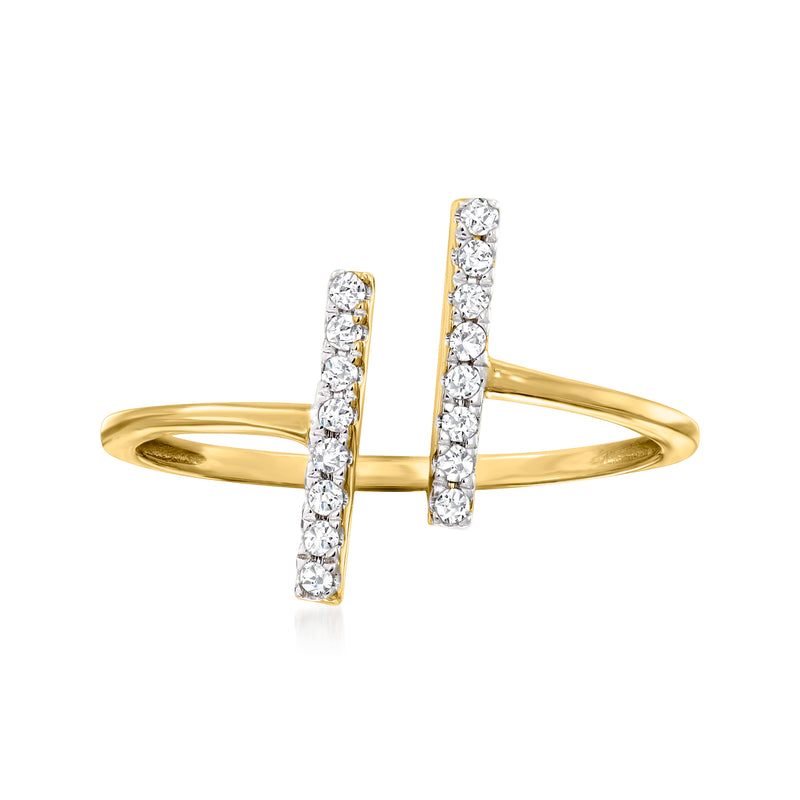 14kt yellow gold open-space ring with two diamond-set floating bars, prong-set stones