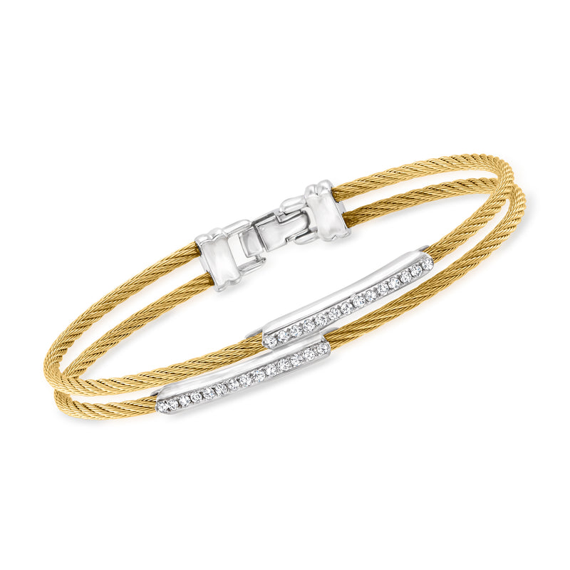 Two-tone cable bangle bracelet with diamond-studded bar and bar clasp