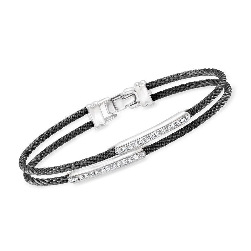 Black cable bangle bracelet with diamond bar centerpiece and white gold clasp