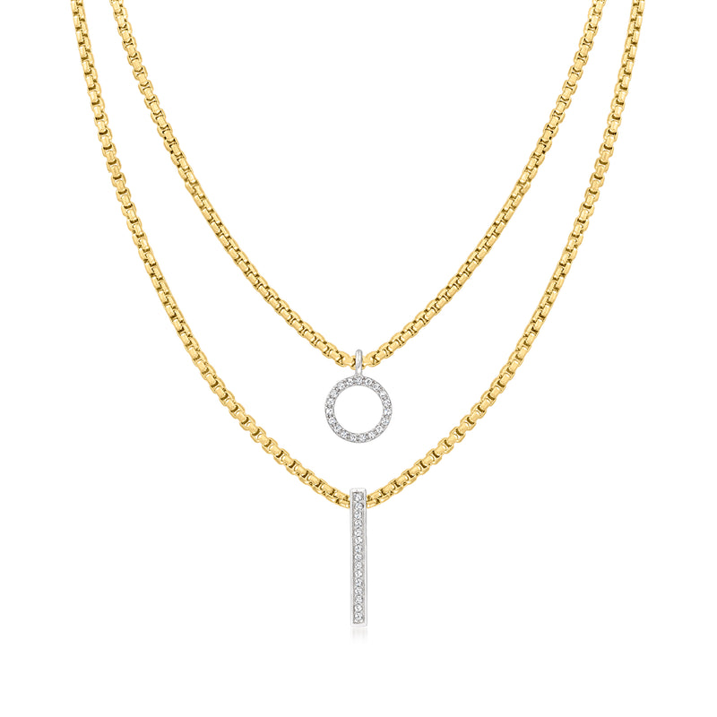 Two-strand gold necklace with round diamond halo and vertical diamond bar pendant