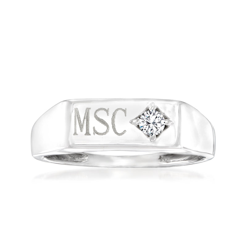14kt white gold signet ring with engraved initials and square diamond