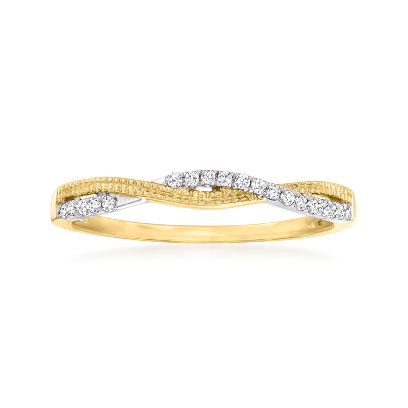10kt yellow gold twisted milgrain diamond ring with two rows of white stones