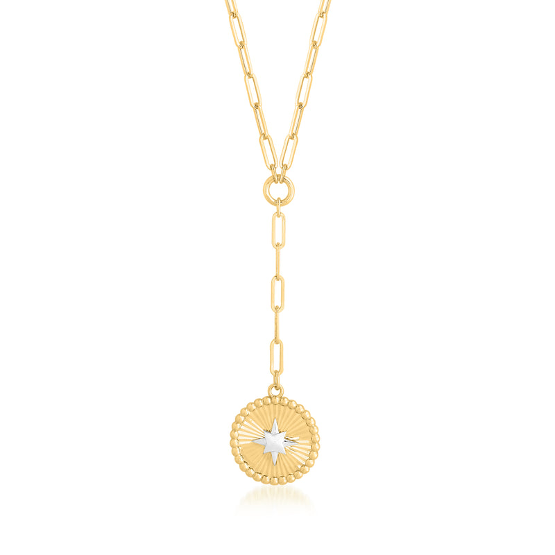 14kt yellow gold Y-necklace with round star medallion paper clip chain pendant