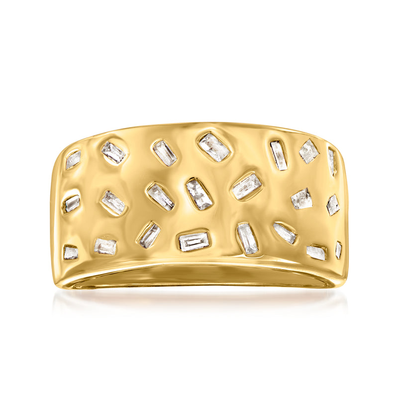 Gold over sterling baguette diamond ring with square and baguette stones on wide band