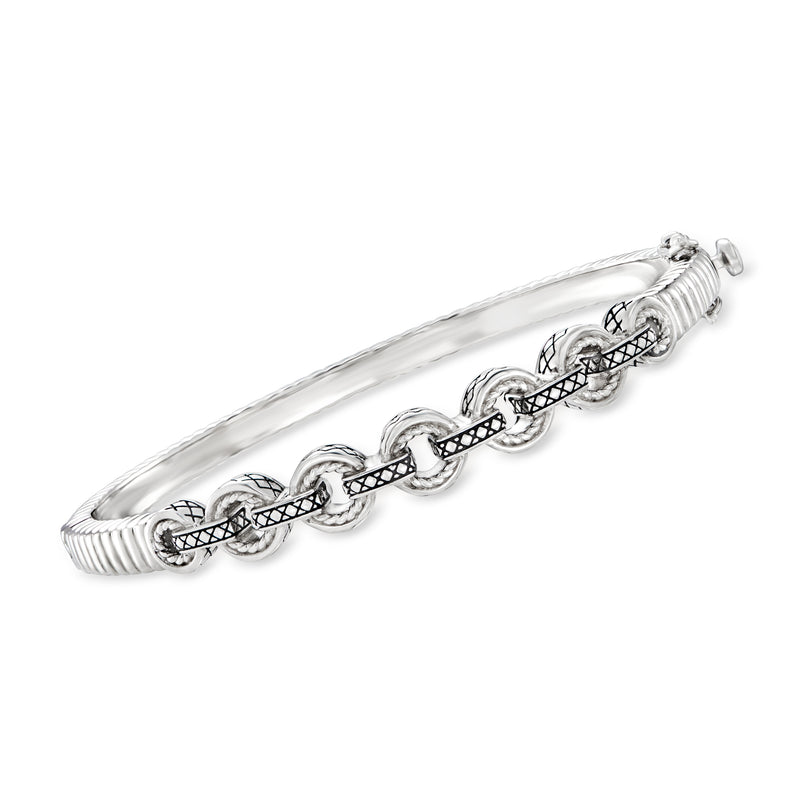 Sterling silver circle-link bangle bracelet with braided center and clasp