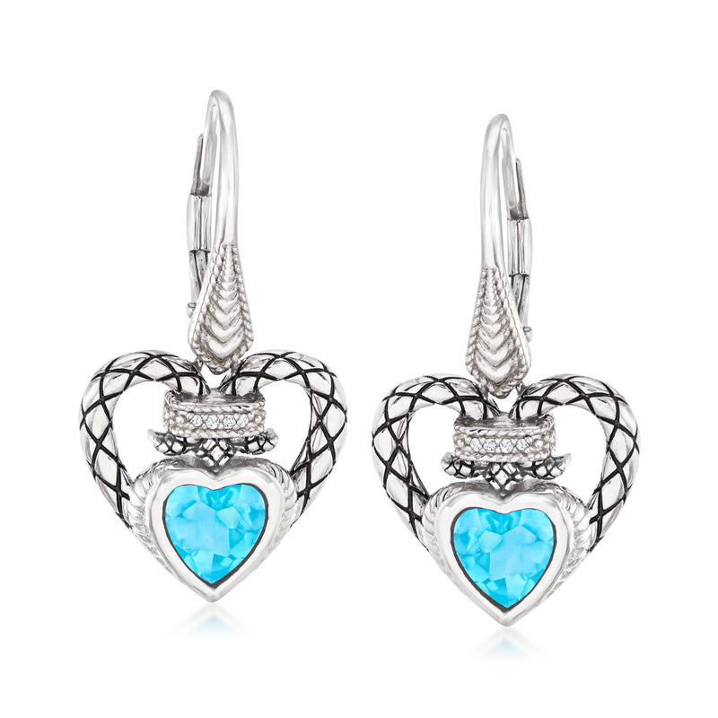 Sterling silver heart drop earrings with blue topaz and diamond accents, leverback
