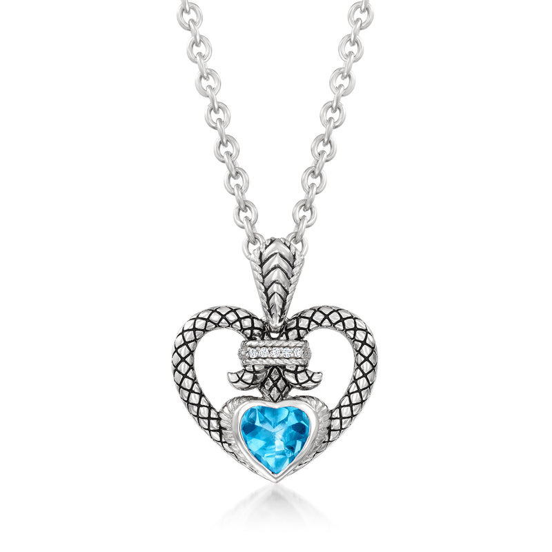 Sterling silver heart pendant necklace with Swiss blue topaz and diamond accents