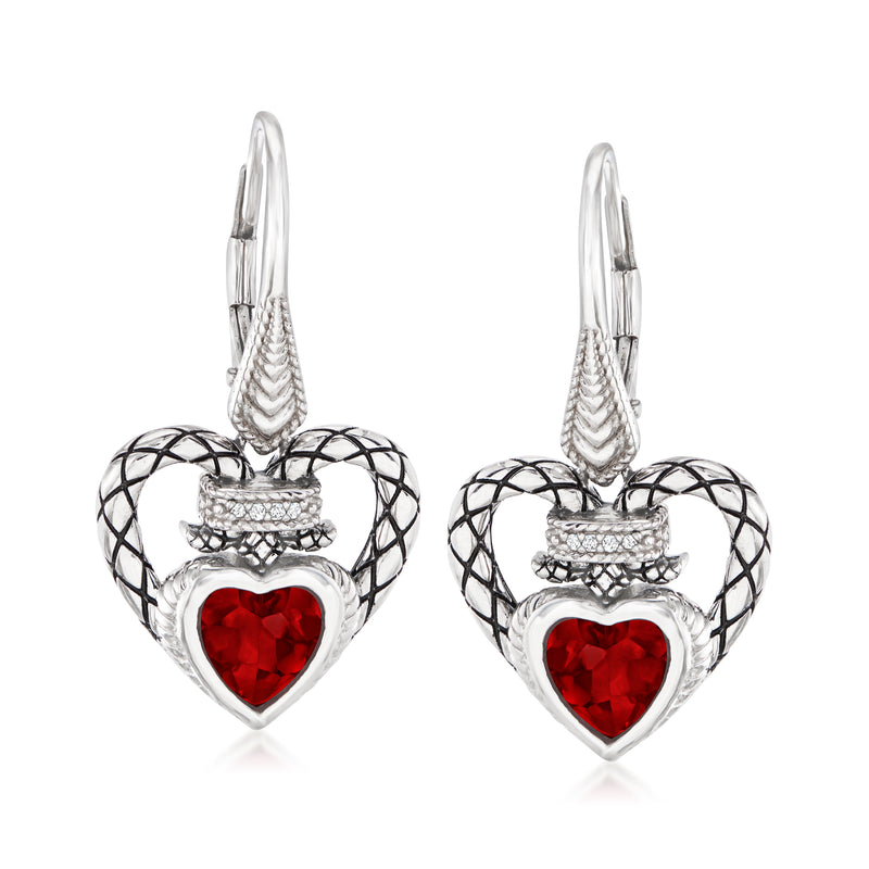 Sterling silver heart drop earrings with red garnet hearts, diamond-like accents, and leverbacks