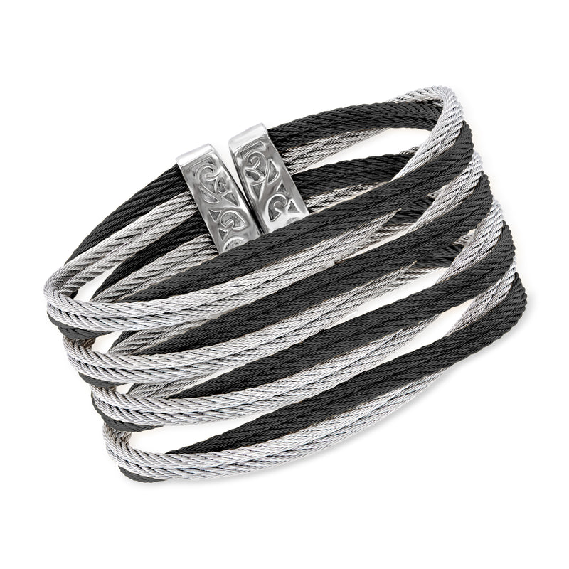Black and gray stainless steel cable cuff bracelet with crisscross woven cords and metal clasp