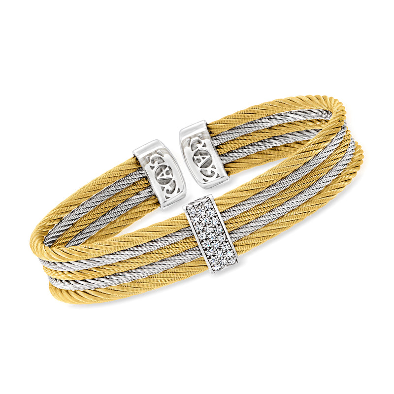 Two-tone cable cuff bracelet with silver clasp and rectangular diamond station, gold and gray