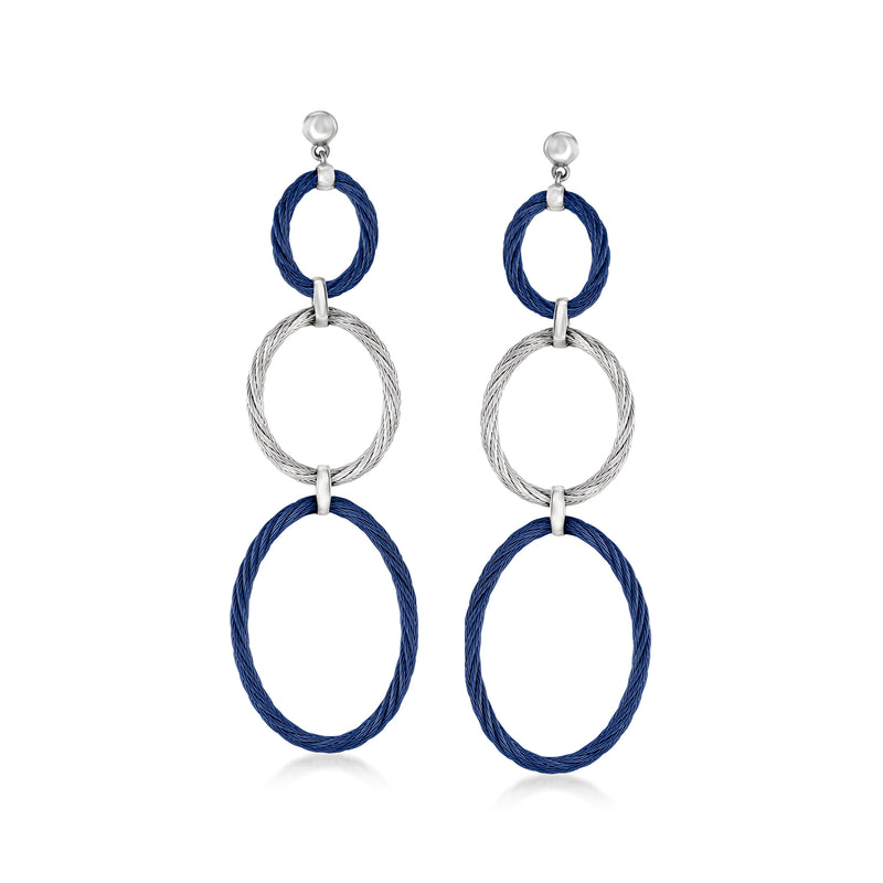 Blue and gray oval drop earrings with two cable wire hoops and hook backs