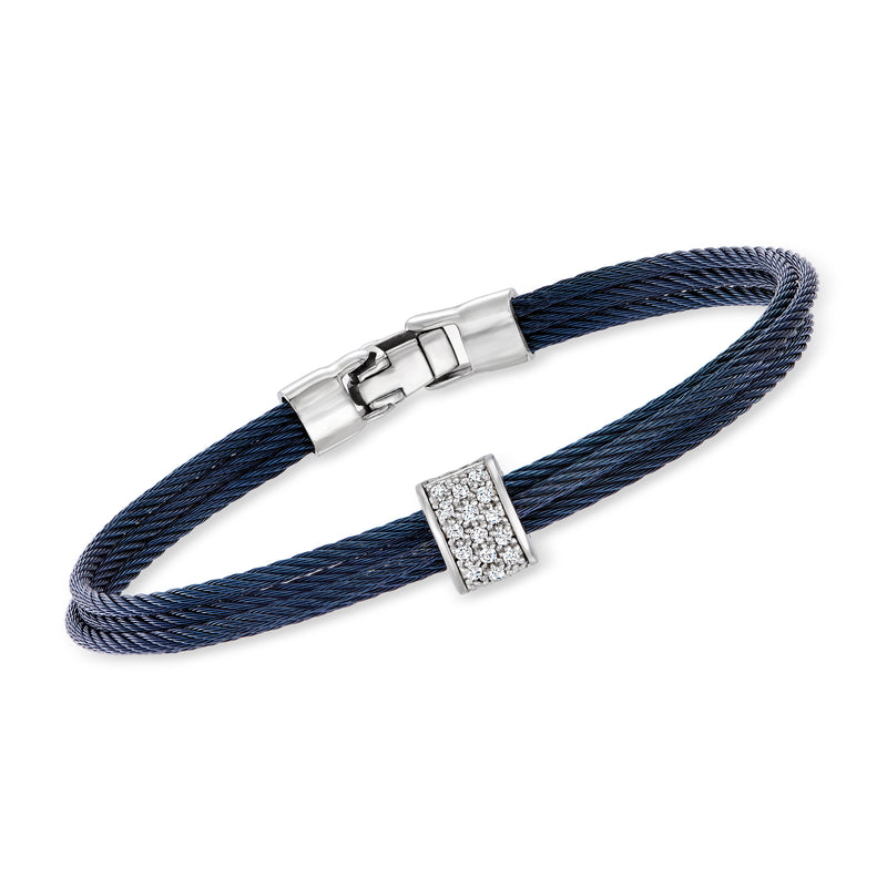 Blue braided cable bracelet with square diamond station and white gold clasp